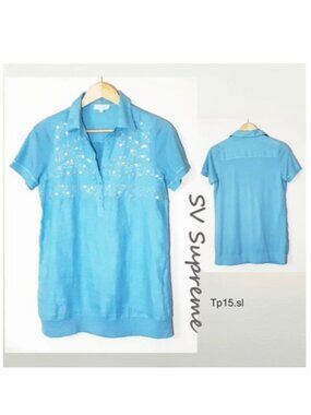 Blouse Linen Blend Light Blue Shirt Sequin Short Sleeved Buttoned Collar Lined